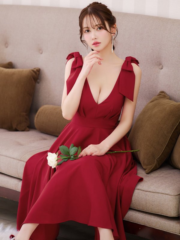 画像5: XS-Lサイズあり【ERUKEI エルケイ】ショルダーリボン/ ノースリーブ/ Vネック/ ハイウエスト/ Aライン/ ワンピース/ ミディアムドレス/ キャバドレス[OF2] (5)