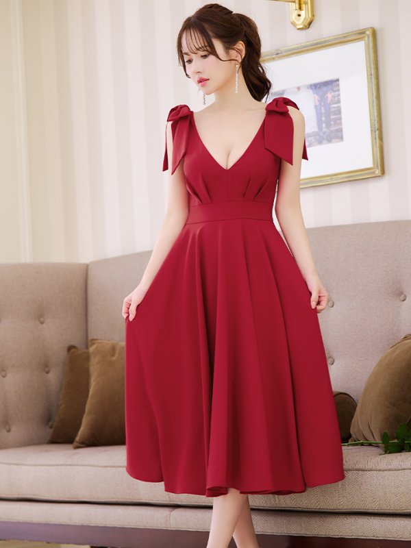 画像6: XS-Lサイズあり【ERUKEI エルケイ】ショルダーリボン/ ノースリーブ/ Vネック/ ハイウエスト/ Aライン/ ワンピース/ ミディアムドレス/ キャバドレス[OF2] (6)