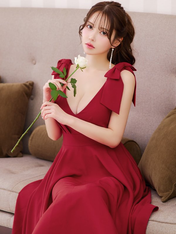 画像7: XS-Lサイズあり【ERUKEI エルケイ】ショルダーリボン/ ノースリーブ/ Vネック/ ハイウエスト/ Aライン/ ワンピース/ ミディアムドレス/ キャバドレス[OF2] (7)