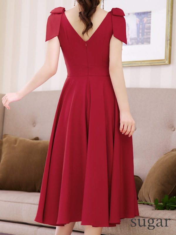 画像11: XS-Lサイズあり【ERUKEI エルケイ】ショルダーリボン/ ノースリーブ/ Vネック/ ハイウエスト/ Aライン/ ワンピース/ ミディアムドレス/ キャバドレス[OF2] (11)