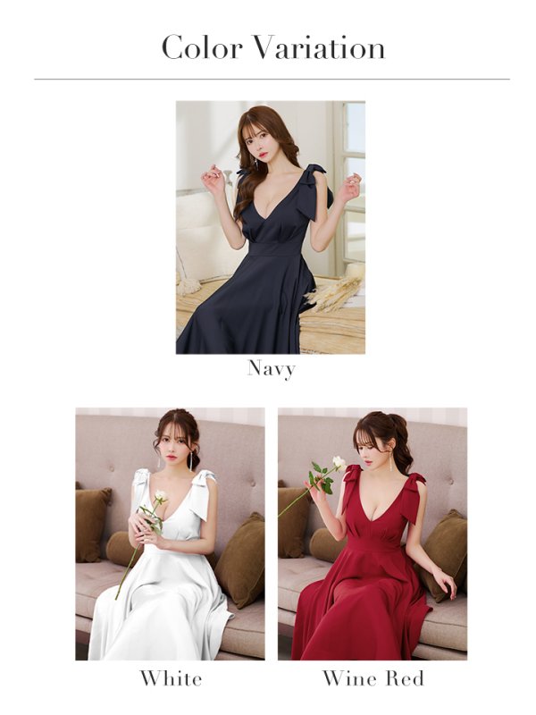 画像23: XS-Lサイズあり【ERUKEI エルケイ】ショルダーリボン/ ノースリーブ/ Vネック/ ハイウエスト/ Aライン/ ワンピース/ ミディアムドレス/ キャバドレス[OF2] (23)