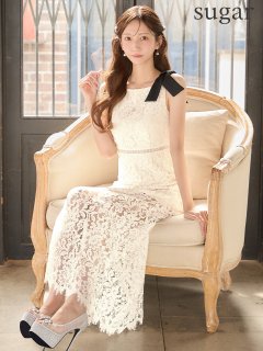 【ERUKEI エルケイ】フラワーレース/ ショルダーリボン/ 刺繍/ シンプル/ ワンカラー/ ノースリーブ/ シアー/ インナーミニ/ ワンピース/ マキシ丈/ セミフレア/ ロングドレス/ キャバドレス long