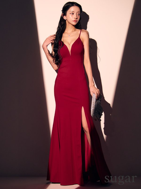 画像11: XS-Lサイズあり【ERUKEI エルケイ】ワンカラー/ キャミソール/ Vカット/ バストシアー/ スリット/ タイト/ ロングドレス/ キャバドレスlong[OF2] (11)