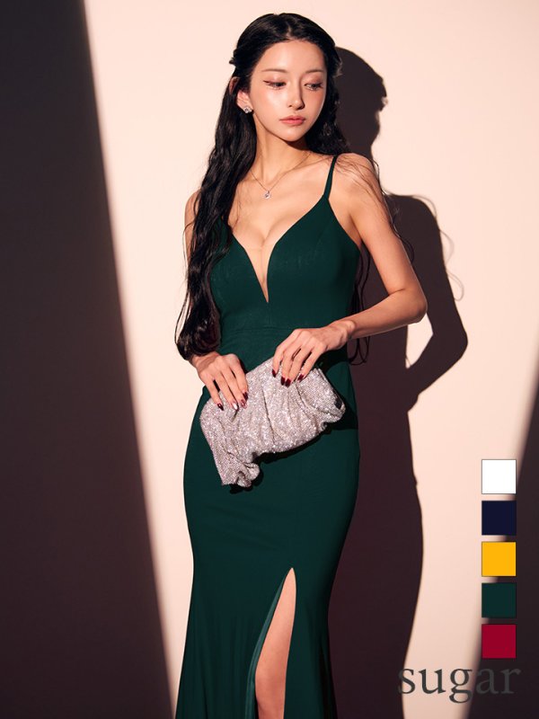 画像15: XS-Lサイズあり【ERUKEI エルケイ】ワンカラー/ キャミソール/ Vカット/ バストシアー/ スリット/ タイト/ ロングドレス/ キャバドレスlong[OF2] (15)