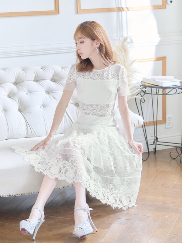 画像2: 【ERUKEI エルケイ】フラワーレース/ シアー/ 半袖/ 袖あり/ 膝丈/ フレア/ ミディアム/ マキシ丈/ワンピース/ キャバドレス[OF2] (2)