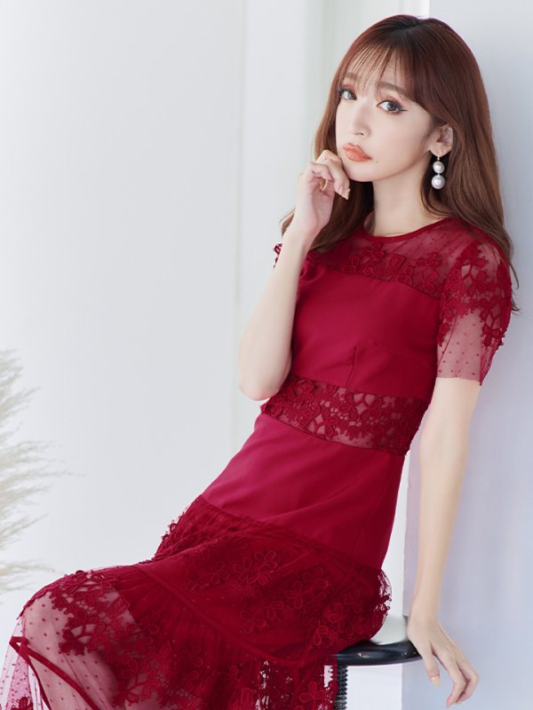 画像11: 【ERUKEI エルケイ】フラワーレース/ シアー/ 半袖/ 袖あり/ 膝丈/ フレア/ ミディアム/ マキシ丈/ワンピース/ キャバドレス[OF2] (11)