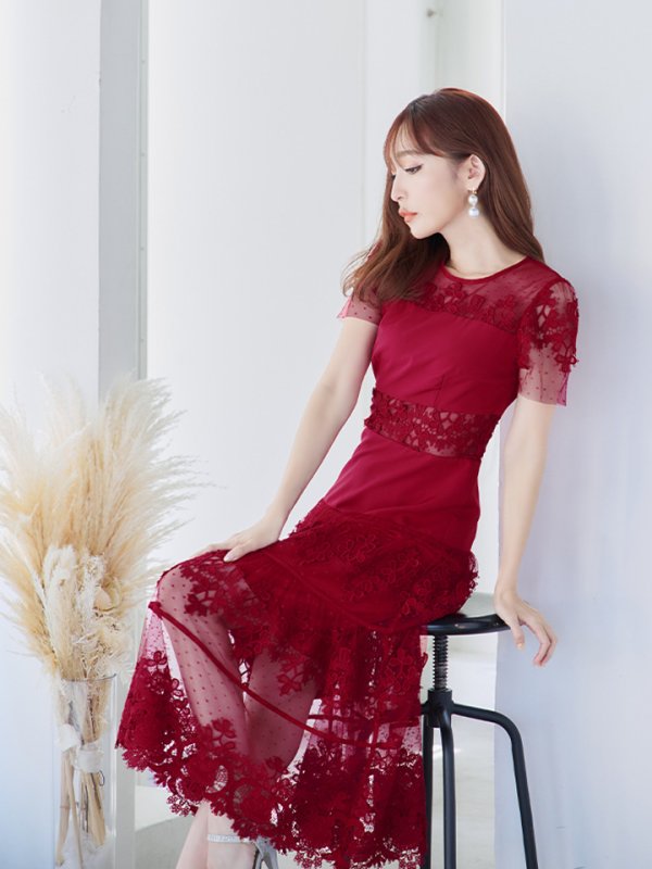 画像14: 【ERUKEI エルケイ】フラワーレース/ シアー/ 半袖/ 袖あり/ 膝丈/ フレア/ ミディアム/ マキシ丈/ワンピース/ キャバドレス[OF2] (14)