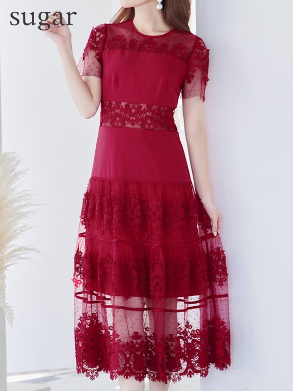 画像17: 【ERUKEI エルケイ】フラワーレース/ シアー/ 半袖/ 袖あり/ 膝丈/ フレア/ ミディアム/ マキシ丈/ワンピース/ キャバドレス[OF2] (17)