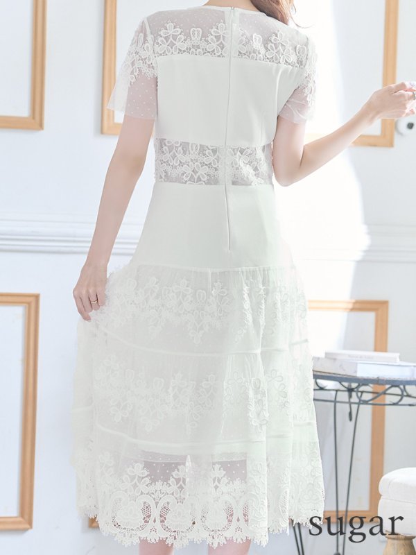 画像9: 【ERUKEI エルケイ】フラワーレース/ シアー/ 半袖/ 袖あり/ 膝丈/ フレア/ ミディアム/ マキシ丈/ワンピース/ キャバドレス[OF2] (9)