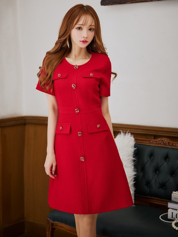 画像22: XS-Lサイズあり【ERUKEI エルケイ】ボタン/ Aライン/ 半袖/ 台形スカート/ フレア/ ワンピース/ ミニドレス/ キャバドレス[OF2] (22)