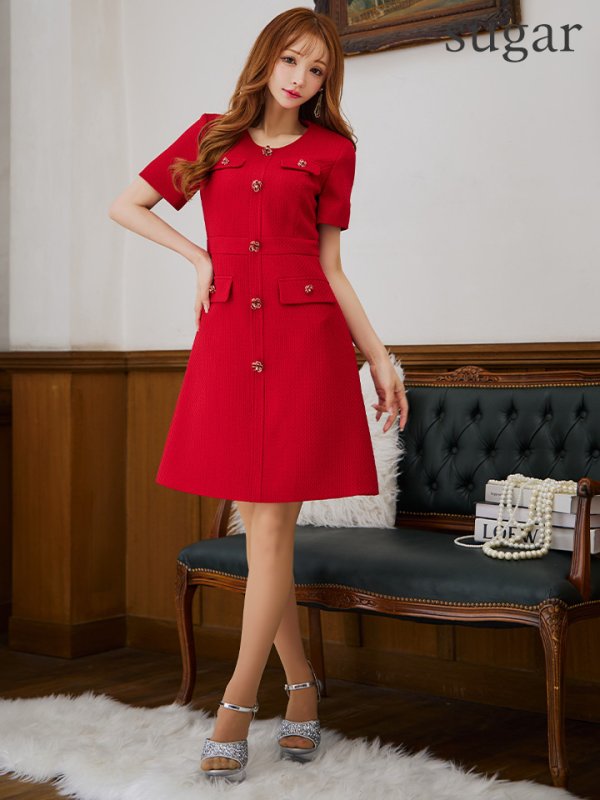 画像27: XS-Lサイズあり【ERUKEI エルケイ】ボタン/ Aライン/ 半袖/ 台形スカート/ フレア/ ワンピース/ ミニドレス/ キャバドレス[OF2] (27)