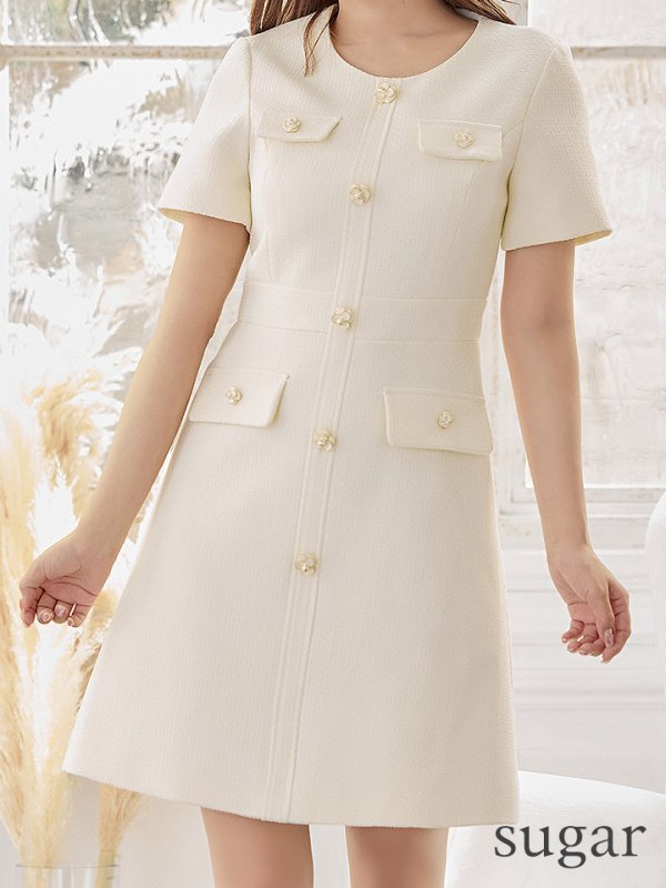 画像18: XS-Lサイズあり【ERUKEI エルケイ】ボタン/ Aライン/ 半袖/ 台形スカート/ フレア/ ワンピース/ ミニドレス/ キャバドレス[OF2] (18)