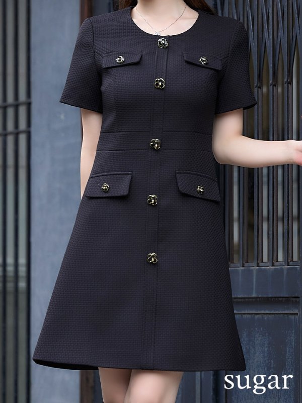 画像8: XS-Lサイズあり【ERUKEI エルケイ】ボタン/ Aライン/ 半袖/ 台形スカート/ フレア/ ワンピース/ ミニドレス/ キャバドレス[OF2] (8)