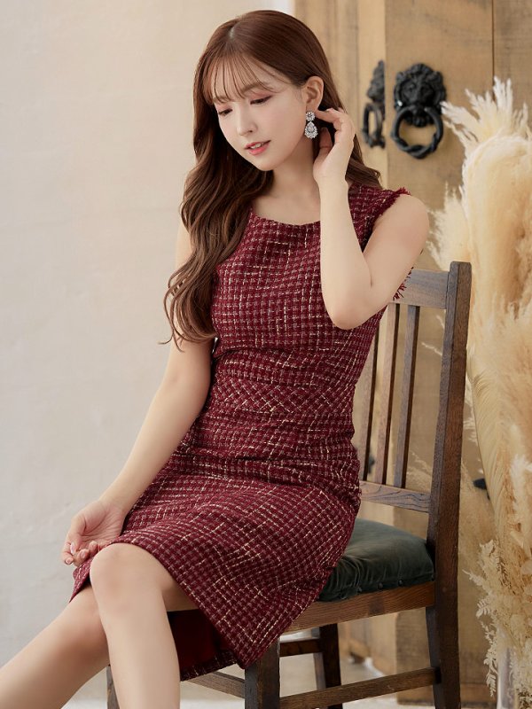 画像7: XS-Lサイズあり【ERUKEI エルケイ】 ツイード/ ノースリーブ/ Aライン/ ワンピース/ ひざ丈/ ミディアムドレス/ キャバドレス[OF2] (7)