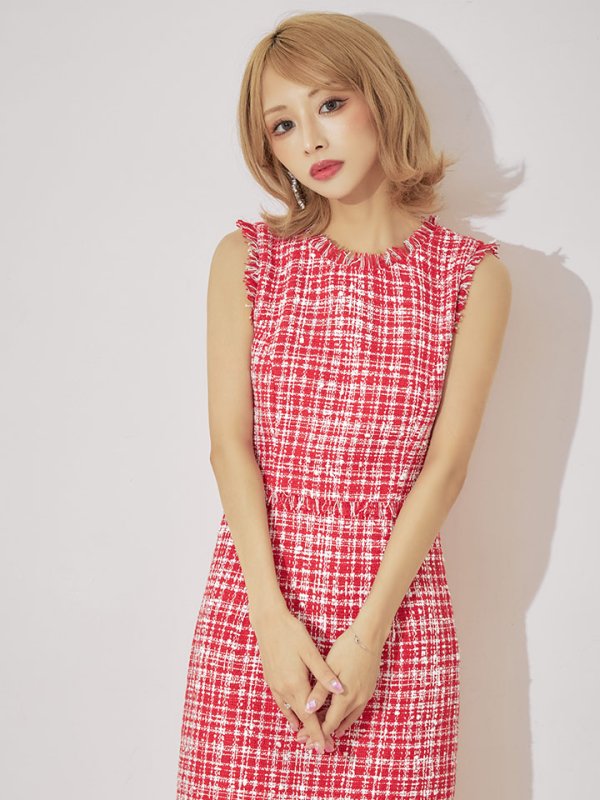 画像12: 門りょうちゃん着用【XS-Lサイズあり】【ERUKEI エルケイ】ツイード/ フリンジ/ ノースリーブ/ タイト/ ワンピース/ ミディアムドレス/ キャバドレス[OF2] (12)