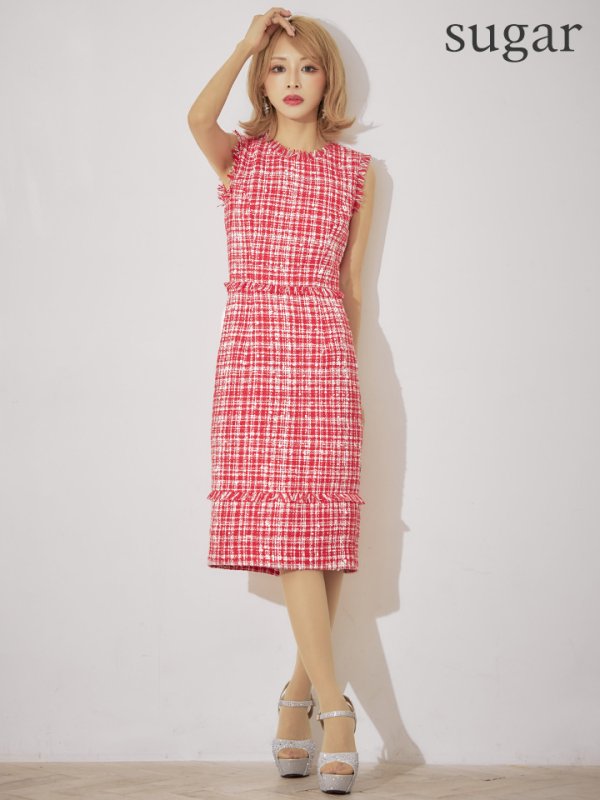 画像3: 門りょうちゃん着用【XS-Lサイズあり】【ERUKEI エルケイ】ツイード/ フリンジ/ ノースリーブ/ タイト/ ワンピース/ ミディアムドレス/ キャバドレス[OF2] (3)