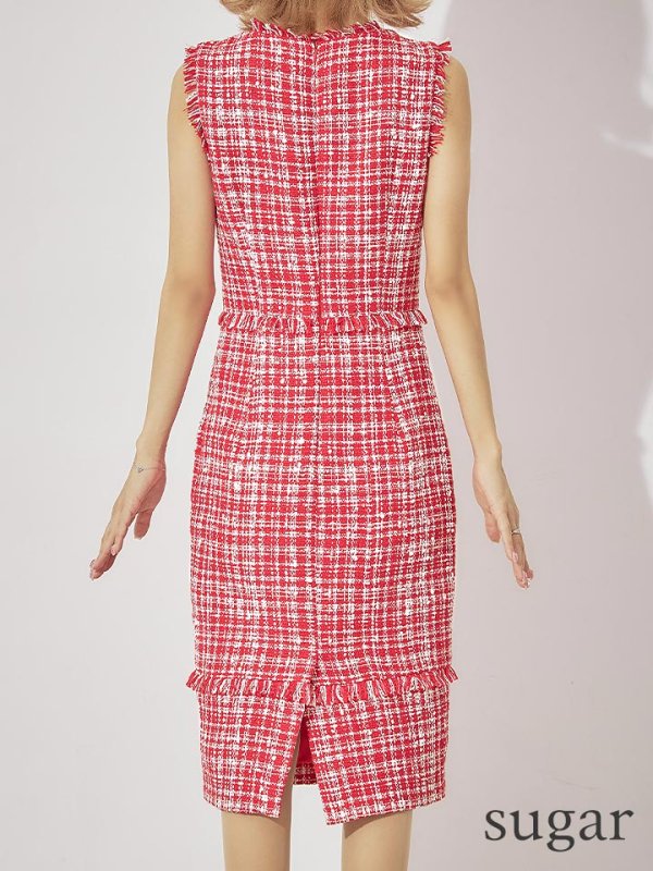 画像14: 門りょうちゃん着用【XS-Lサイズあり】【ERUKEI エルケイ】ツイード/ フリンジ/ ノースリーブ/ タイト/ ワンピース/ ミディアムドレス/ キャバドレス[OF2] (14)