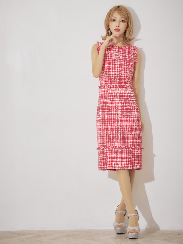 画像8: 門りょうちゃん着用【XS-Lサイズあり】【ERUKEI エルケイ】ツイード/ フリンジ/ ノースリーブ/ タイト/ ワンピース/ ミディアムドレス/ キャバドレス[OF2] (8)