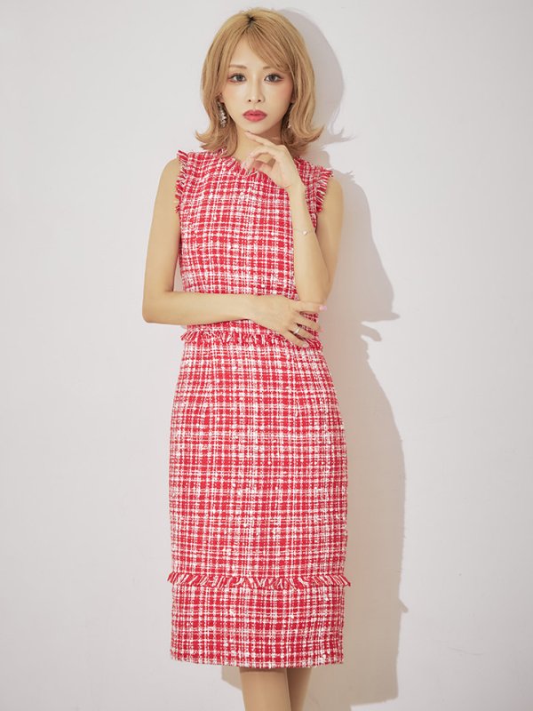 画像5: 門りょうちゃん着用【XS-Lサイズあり】【ERUKEI エルケイ】ツイード/ フリンジ/ ノースリーブ/ タイト/ ワンピース/ ミディアムドレス/ キャバドレス[OF2] (5)