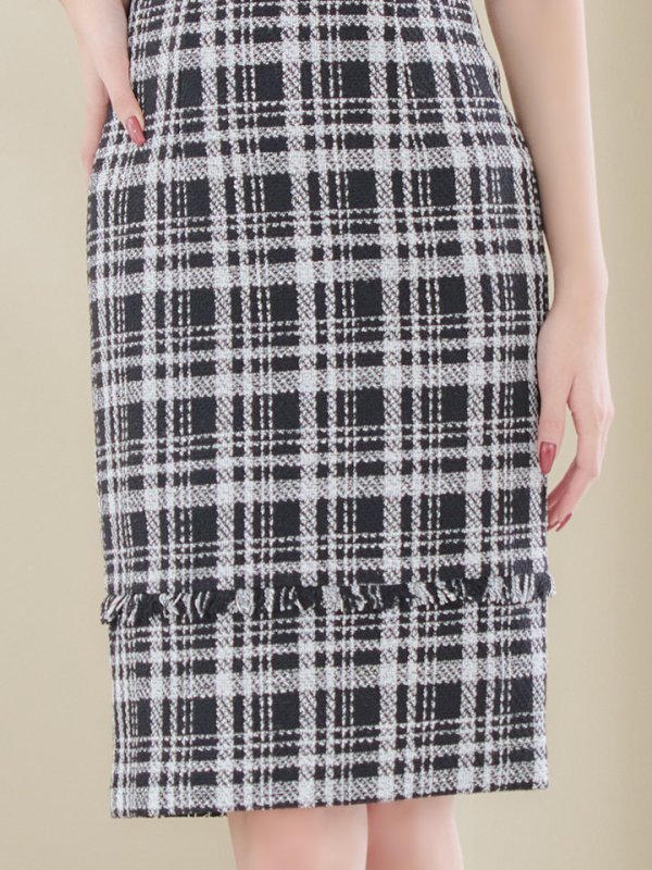 画像11: 【XS-Lサイズあり】【ERUKEI エルケイ】ツイード/ チェック/ ノースリーブ/ フリンジ/ タイト/ ワンピース/ ミディアムドレス/ キャバドレス[OF2] (11)