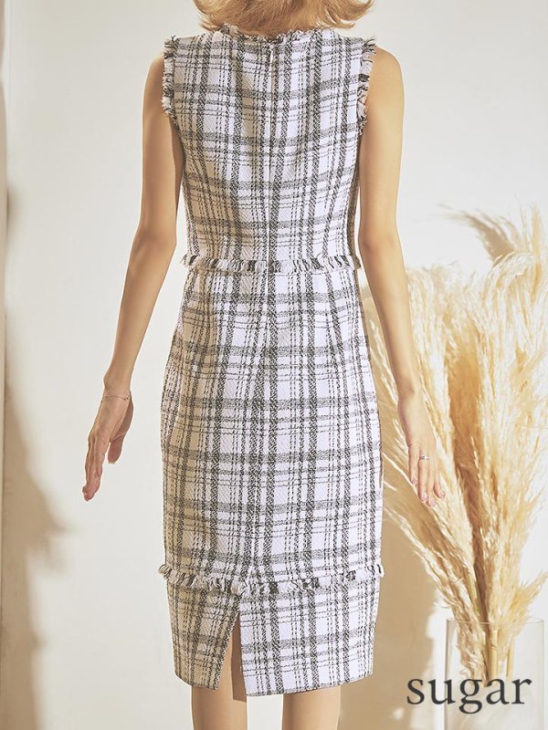 画像15: 門りょうちゃん着用【XS-Lサイズあり】【ERUKEI エルケイ】ツイード/ チェック/ ノースリーブ/ フリンジ/ タイト/ ワンピース/ ミディアムドレス/ キャバドレス[OF2] (15)