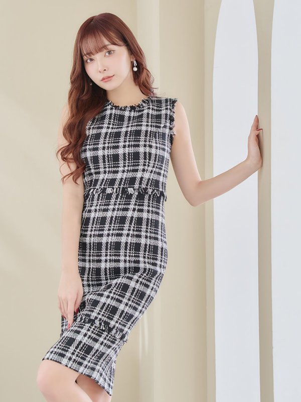 画像5: 【XS-Lサイズあり】【ERUKEI エルケイ】ツイード/ チェック/ ノースリーブ/ フリンジ/ タイト/ ワンピース/ ミディアムドレス/ キャバドレス[OF2] (5)