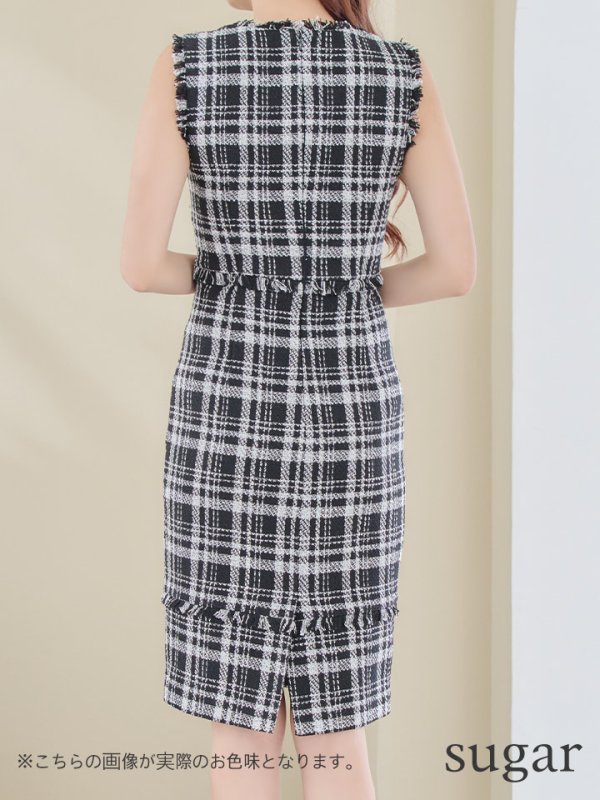 画像9: 【XS-Lサイズあり】【ERUKEI エルケイ】ツイード/ チェック/ ノースリーブ/ フリンジ/ タイト/ ワンピース/ ミディアムドレス/ キャバドレス[OF2] (9)