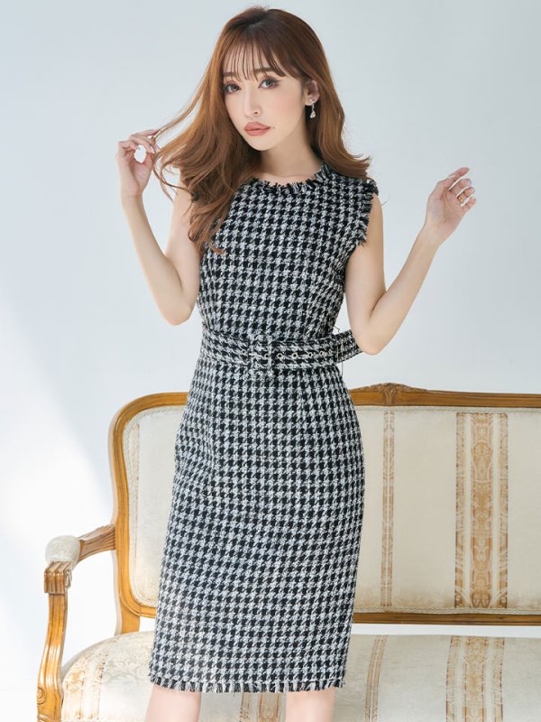 画像2: XS-Lサイズあり【ERUKEI エルケイ】チェックツイード/ ノースリーブ/ ベルト付き/ ひざ丈/ ミディアム/ タイト/ ワンピース/ キャバドレス[OF2] (2)