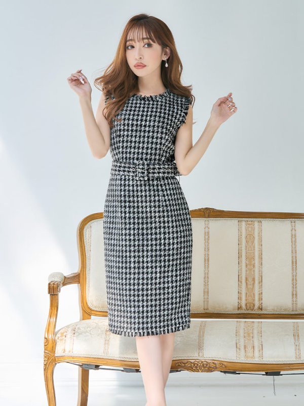 画像3: XS-Lサイズあり【ERUKEI エルケイ】チェックツイード/ ノースリーブ/ ベルト付き/ ひざ丈/ ミディアム/ タイト/ ワンピース/ キャバドレス[OF2] (3)