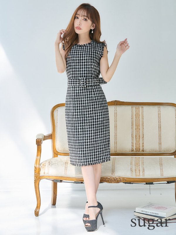 画像7: XS-Lサイズあり【ERUKEI エルケイ】チェックツイード/ ノースリーブ/ ベルト付き/ ひざ丈/ ミディアム/ タイト/ ワンピース/ キャバドレス[OF2] (7)