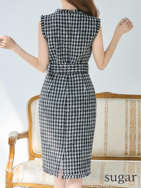 画像9: XS-Lサイズあり【ERUKEI エルケイ】チェックツイード/ ノースリーブ/ ベルト付き/ ひざ丈/ ミディアム/ タイト/ ワンピース/ キャバドレス[OF2] (9)