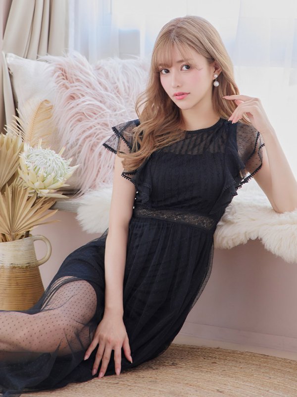 画像6: 【ERUKEI エルケイ】ドットレース/ 袖あり/フリル/ シアー/ フレア/ ミモレ丈/ ワンピース/ 足透け/ キャバドレス[OF2] (6)