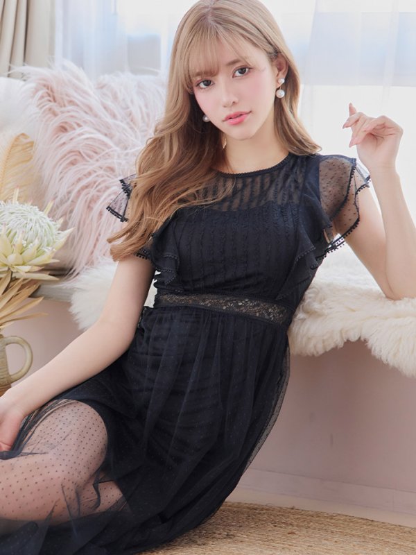 画像7: 【ERUKEI エルケイ】ドットレース/ 袖あり/フリル/ シアー/ フレア/ ミモレ丈/ ワンピース/ 足透け/ キャバドレス[OF2] (7)