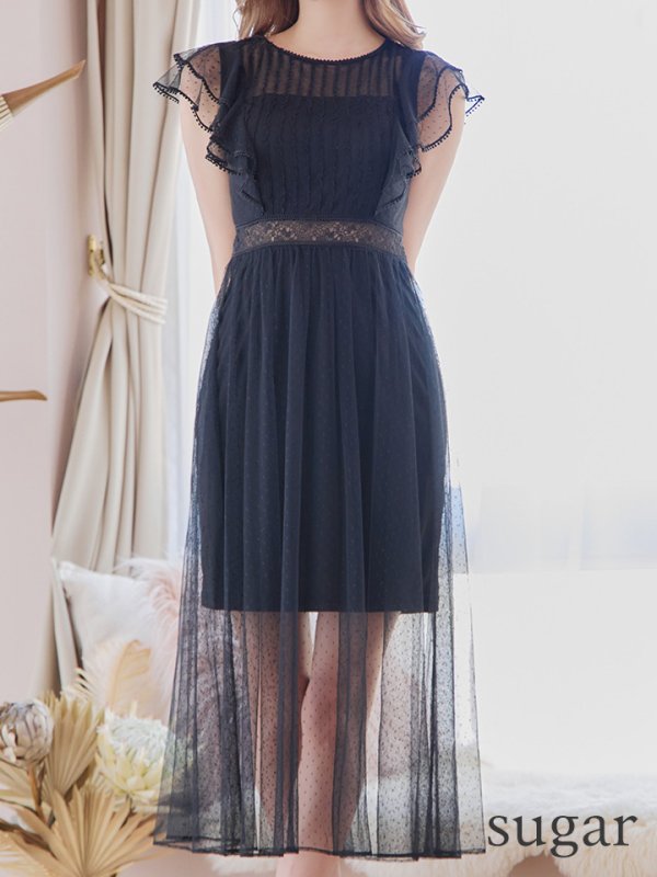 画像8: 【ERUKEI エルケイ】ドットレース/ 袖あり/フリル/ シアー/ フレア/ ミモレ丈/ ワンピース/ 足透け/ キャバドレス[OF2] (8)