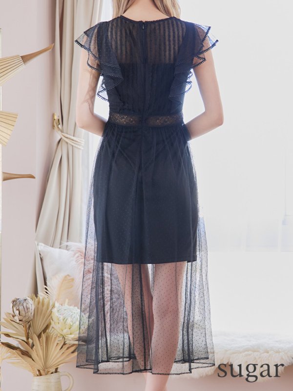 画像9: 【ERUKEI エルケイ】ドットレース/ 袖あり/フリル/ シアー/ フレア/ ミモレ丈/ ワンピース/ 足透け/ キャバドレス[OF2] (9)