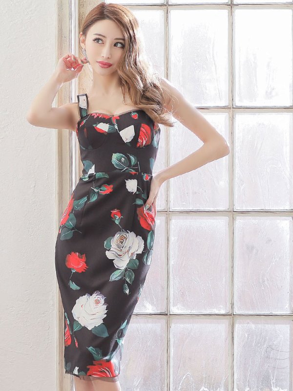 画像4: 【ERUKEI エルケイ】フラワープリント/ ノースリーブ/ ワンピース/ タイト/ ミディアムドレス/ ミニドレス/ キャバドレス[OF2] (4)