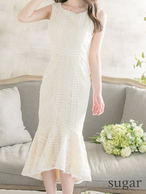 画像4: 【ERUKEI エルケイ】マーメイド/ ミディアム/ ワンピース/ ミモレ丈/ ケミカルレース/ ノースリーブ/ タイト/ キャバドレス[OF2] (4)