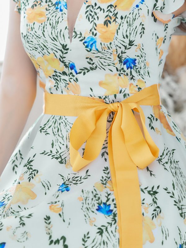 画像2: XS-Lサイズあり【ERUKEI エルケイ】ワンピース/ リボンベルト/ フラワープリント/ フリル/ Aライン/ フレア/ミディアム丈/ キャバドレス[OF2] (2)