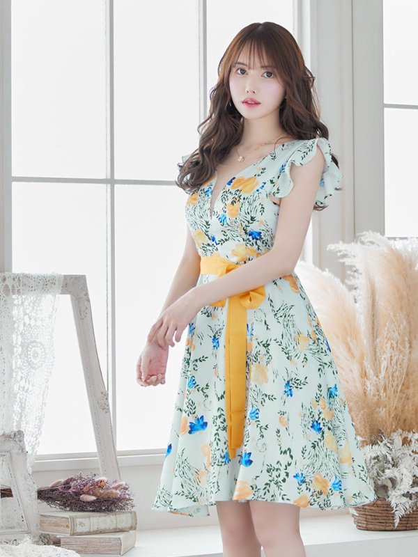 画像4: XS-Lサイズあり【ERUKEI エルケイ】ワンピース/ リボンベルト/ フラワープリント/ フリル/ Aライン/ フレア/ミディアム丈/ キャバドレス[OF2] (4)