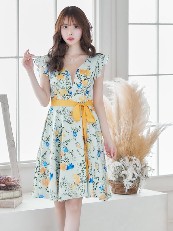 画像5: XS-Lサイズあり【ERUKEI エルケイ】ワンピース/ リボンベルト/ フラワープリント/ フリル/ Aライン/ フレア/ミディアム丈/ キャバドレス[OF2] (5)