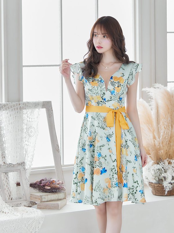 画像6: XS-Lサイズあり【ERUKEI エルケイ】ワンピース/ リボンベルト/ フラワープリント/ フリル/ Aライン/ フレア/ミディアム丈/ キャバドレス[OF2] (6)