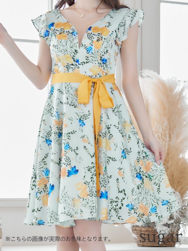 画像8: XS-Lサイズあり【ERUKEI エルケイ】ワンピース/ リボンベルト/ フラワープリント/ フリル/ Aライン/ フレア/ミディアム丈/ キャバドレス[OF2] (8)