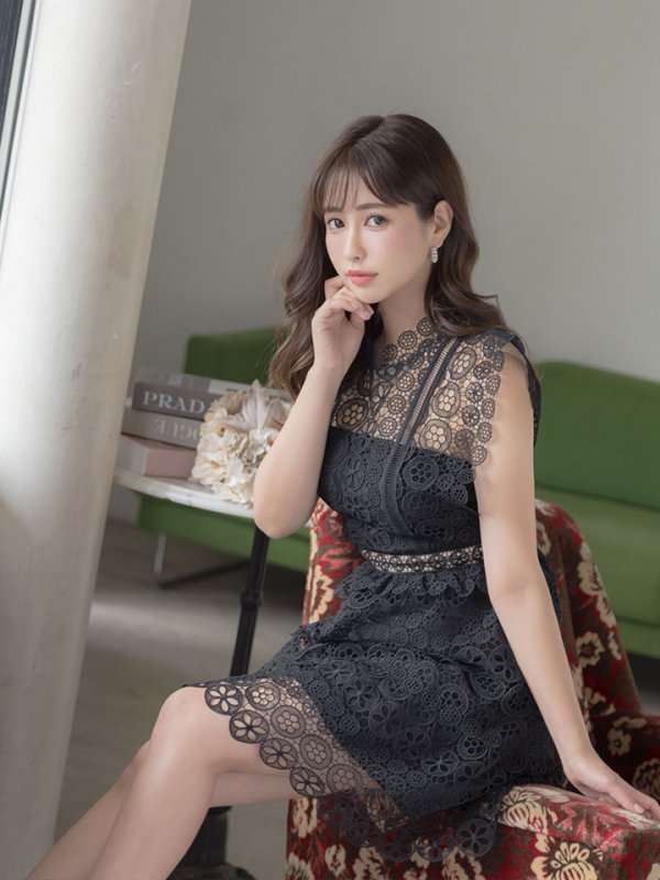 画像15: XS-Lサイズあり【SETTAN/セッタン】ケミカルレース/ ボートネック/ ノースリーブ/ワンピース/ミニドレス/ キャバドレス[OF2] (15)