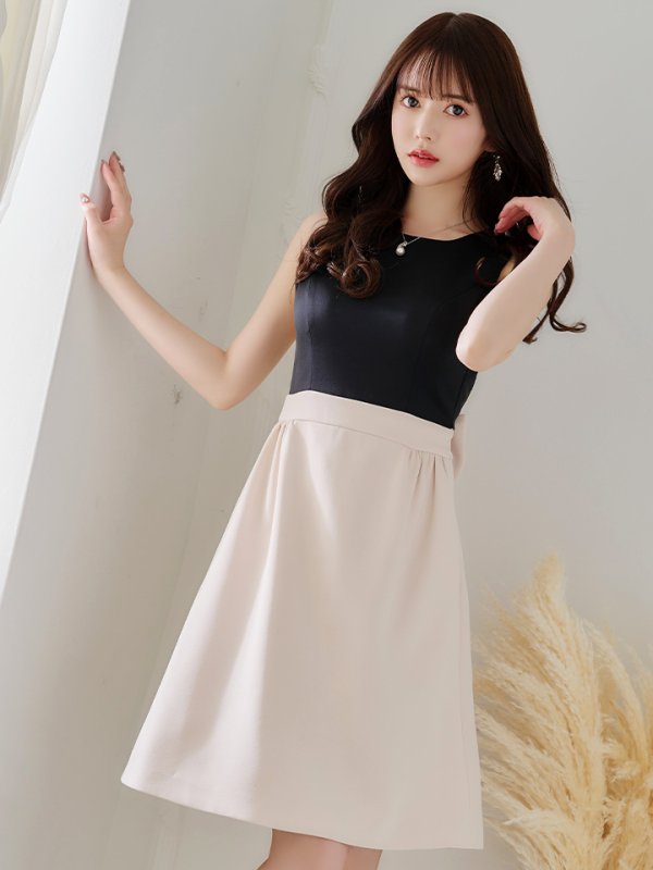 画像3: XS-Lサイズあり【SETTAN/セッタン】ワンピース/ バックリボン/ノースリーブ/ Aライン/ バイカラー/ ミディアム丈/ ひざ丈/ キャバドレス[OF2] (3)