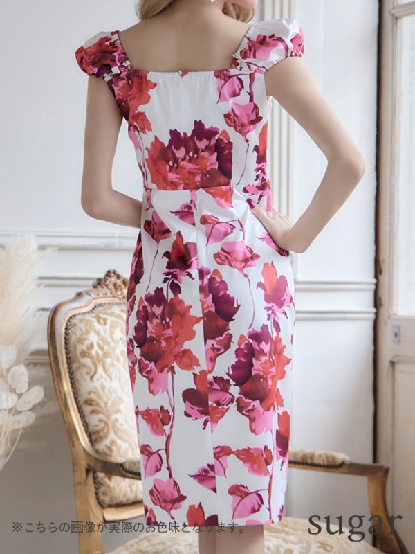 画像9: XS-Lサイズあり【ERUKEI エルケイ】フラワープリント/ ジップ/ パフスリーブ/ ワンピース/ タイト/ ひざ丈/ ミディアムドレス/ キャバドレス[OF2] (9)