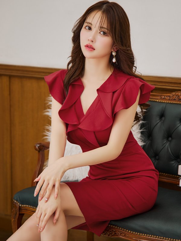 画像22: XS-Lサイズあり【ERUKEI エルケイ】ワンカラー/ Vネック/ フリル袖/ 袖あり/ ミディアム丈/ ワンピース/ タイト/キャバドレス[OF2] (22)