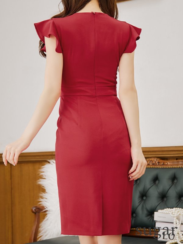 画像29: XS-Lサイズあり【ERUKEI エルケイ】ワンカラー/ Vネック/ フリル袖/ 袖あり/ ミディアム丈/ ワンピース/ タイト/キャバドレス[OF2] (29)