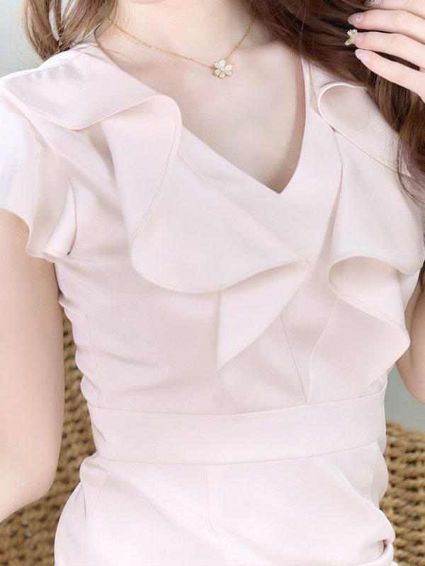 画像19: XS-Lサイズあり【ERUKEI エルケイ】ワンカラー/ Vネック/ フリル袖/ 袖あり/ ミディアム丈/ ワンピース/ タイト/キャバドレス[OF2] (19)