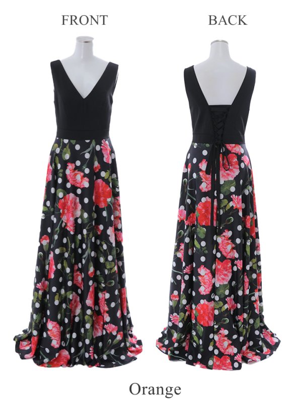 画像2: XS-Lサイズあり【ERUKEI エルケイ】ドットフラワープリント/ 切替デザイン/ノースリーブ/ Aライン/ ロングドレス / キャバドレス long[OF2] (2)