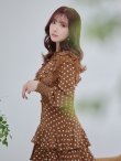 画像13: 【ERUKEI エルケイ】ドット/ ロングスリーブ/ 長袖/フリルデザイン/ 膝丈/ ミディアム/ マキシ丈/ ワンピース/ キャバドレス[OF2] (13)